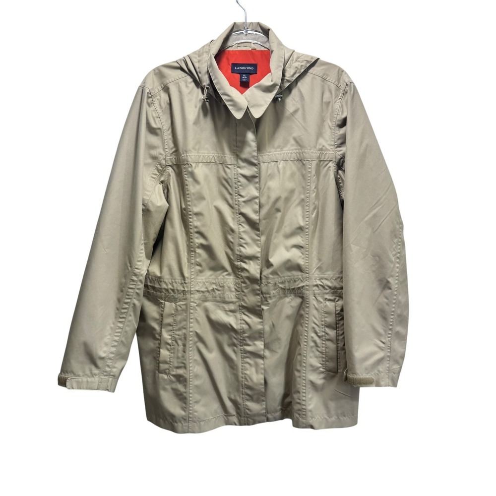 Lands End Preppy Outdoors Hooded Utility Light Rain Trench Coat Womens XL Khaki